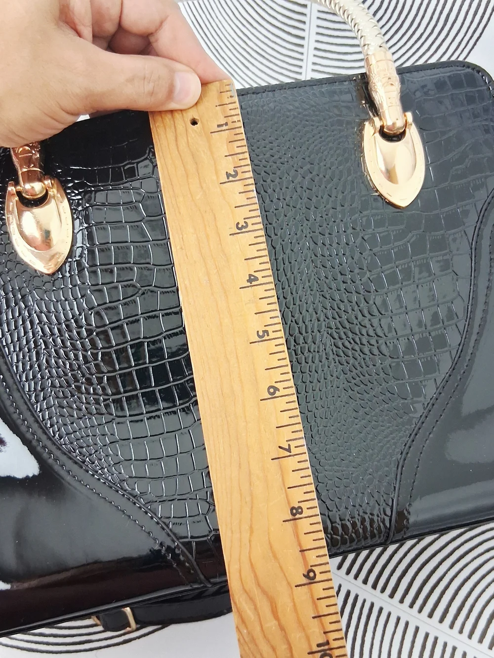 Black Faux Croc Satchel Bag Braided Gold Handle Patent Pleather Shoulder Purse